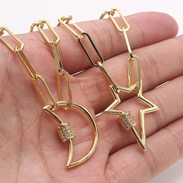 Hip-Hop Simple Style Star Moon Copper Gold Plated Zircon Pendant Necklace In Bulk