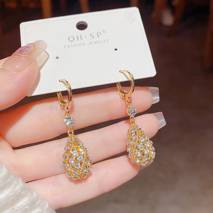 1 Pair Lady Water Droplets Tassel Plating Inlay Copper Artificial Diamond Drop Earrings