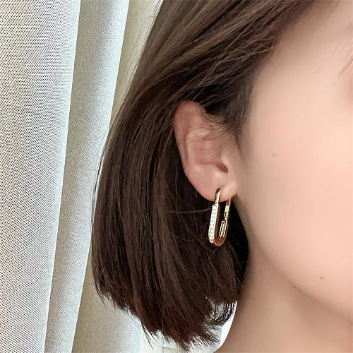 1 paire de boucles d'oreilles décontractées pour femmes, incrustation de placage ovale en cuivre et Zircon plaqué or