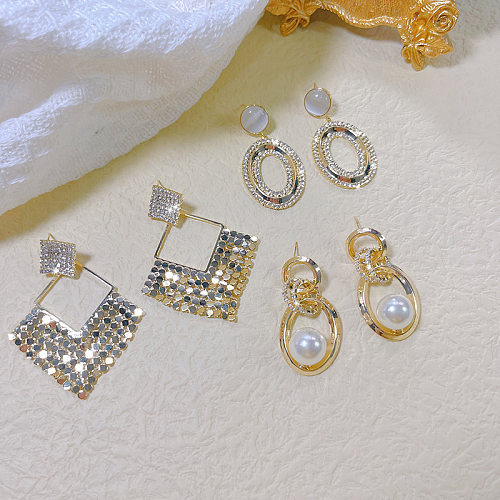 1 Paar elegante Damen-Tropfenohrringe mit geometrischem Inlay, Nachahmung von Perlen, Kupfer und Zirkon