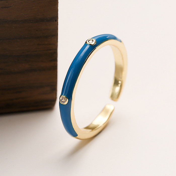 Simple Style Round Copper Enamel Plating Inlay Zircon 18K Gold Plated Open Ring