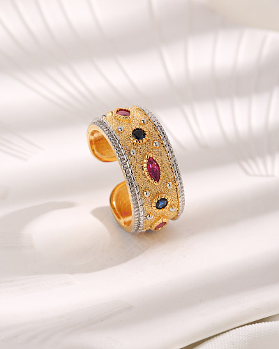 IG Style Vintage Style Round Horse Eye Copper Plating Inlay Zircon 18K Gold Plated Open Rings