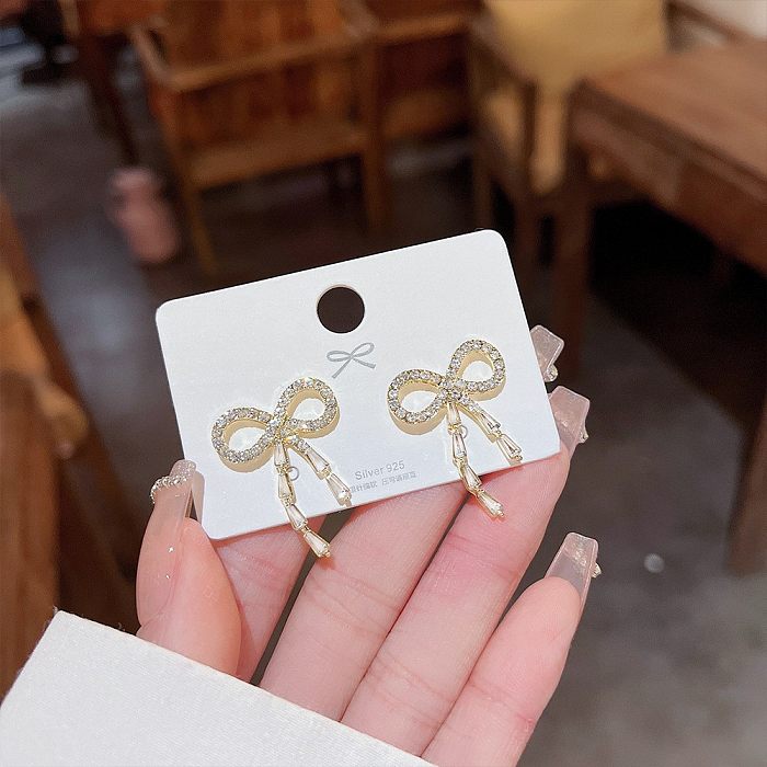 1 Pair Sweet Star Heart Shape Bow Knot Copper Inlay Artificial Pearls Rhinestones Earrings