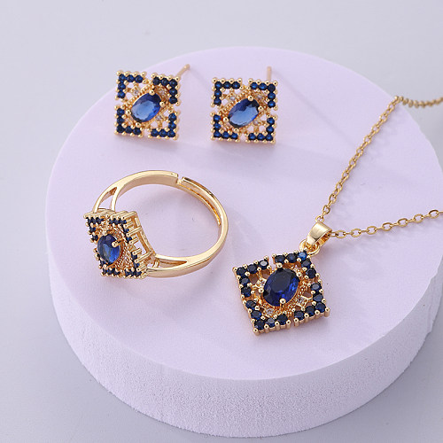 Retro Square Copper Plating Inlay Zircon 18K Gold Plated Rings Earrings Necklace