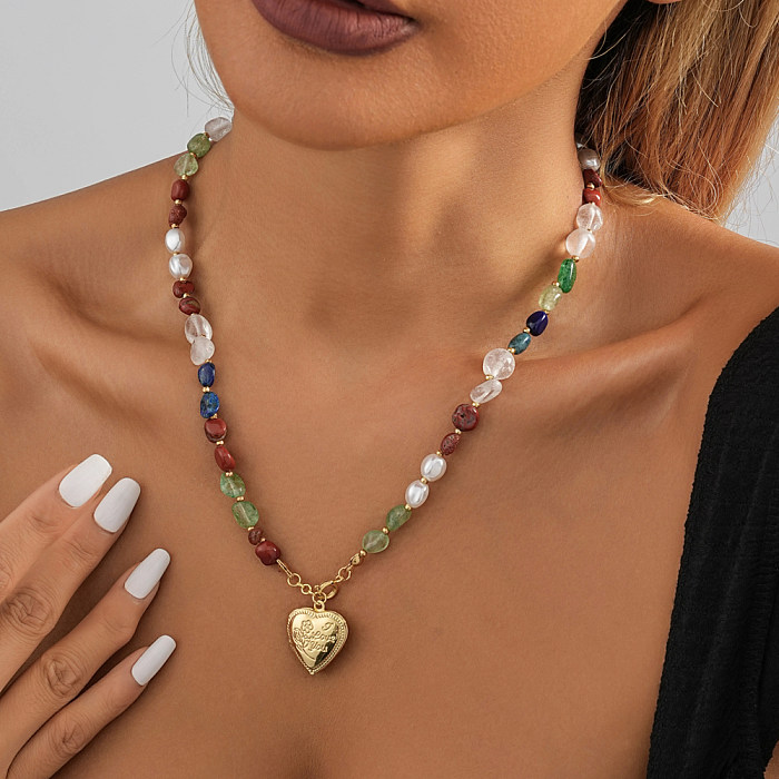 Casual Sweet Heart Shape Natural Stone Copper Beaded Pearl Plating Pendant Necklace