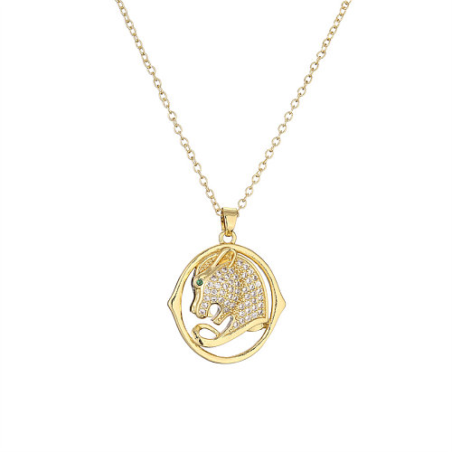 Vintage Style Tiger Leopard Copper Enamel Plating Inlay Zircon Gold Plated Pendant Necklace