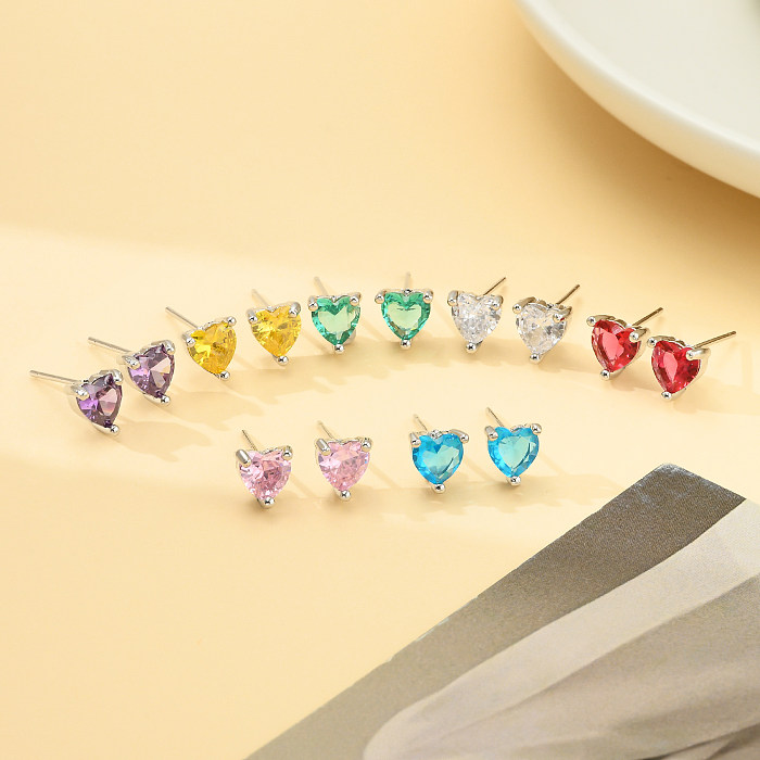 1 Pair Sweet Heart Shape Brass Plating Inlay Zircon White Gold Plated Ear Studs