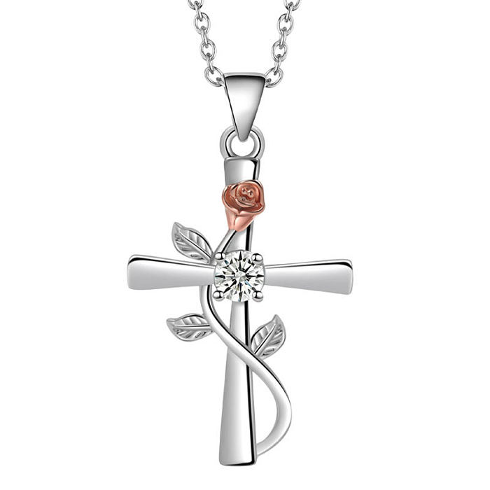 Simple Style Cross Copper Zircon Pendant Necklace In Bulk
