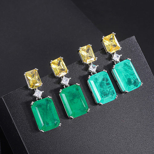 Retro Square Copper Gold Plated Inlay Zircon Drop Earrings 1 Pair