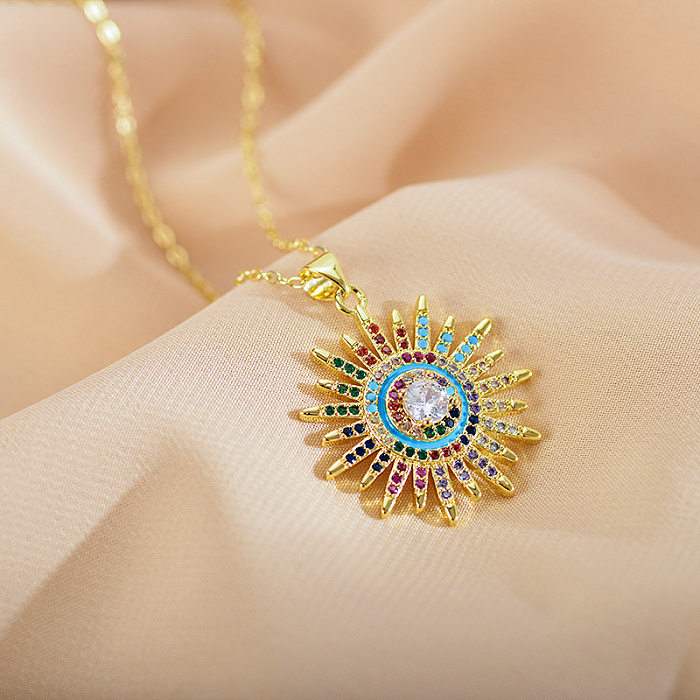IG Style Shiny Round Copper Plating Inlay Zircon Gold Plated Pendant Necklace