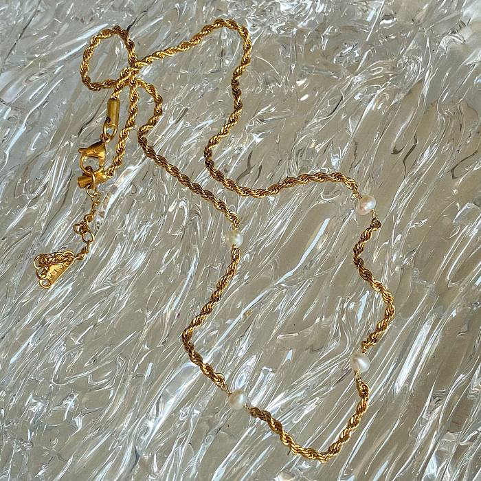 IG Style Elegante runde Edelstahl-Fußkettchen-Halskette mit Malachit-Süßwasserperle und 18 Karat vergoldeten Armbändern