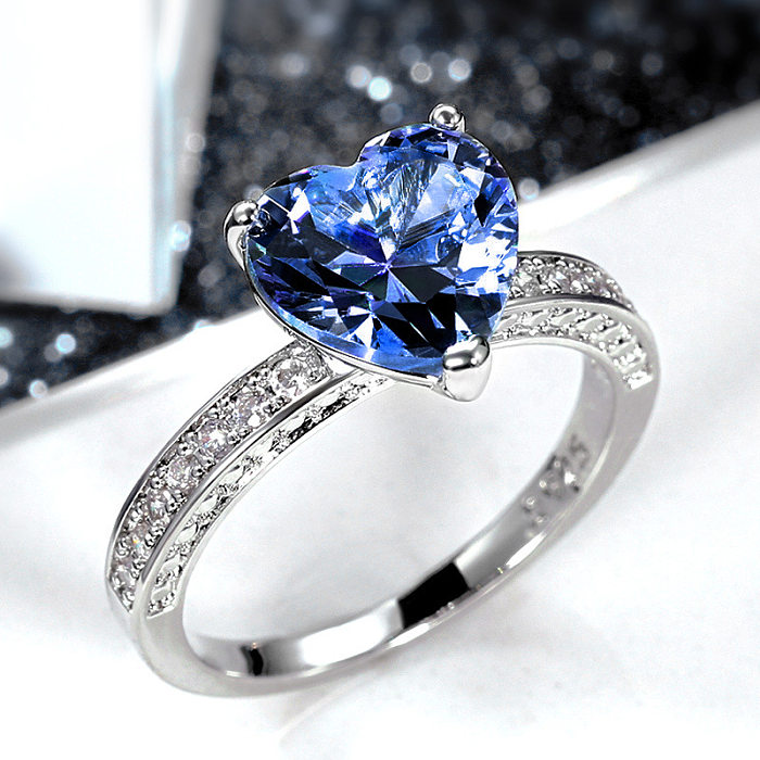 Nuevos anillos de boda con incrustaciones de anillo de cobre con circonita de diamante rosa en forma de corazón AAA