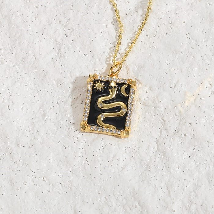 Elegant Basic Geometric Snake Copper Enamel Plating Inlay Zircon 14K Gold Plated Pendant Necklace