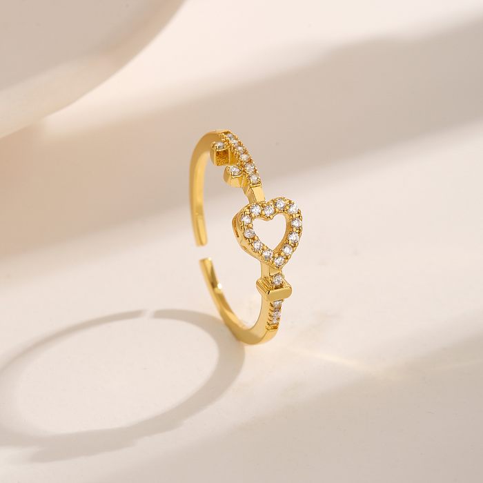Sweet Commute Korean Style Heart Shape Bow Knot Copper Plating Inlay Zircon 18K Gold Plated Open Rings