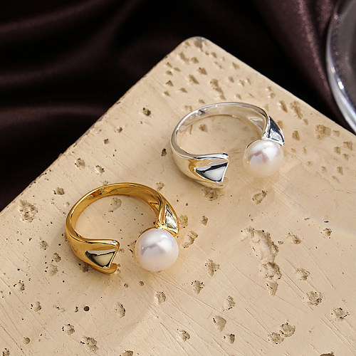IG Style Simple Style rond placage de cuivre incrusté de perle plaqué or 18 carats anneaux ouverts plaqués argent