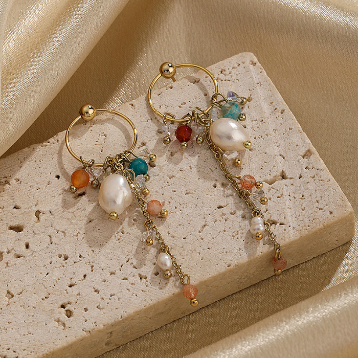 1 paire de boucles d'oreilles rétro à pampilles exagérées, incrustation de chaîne en cuivre, perle d'eau douce, opale et Zircon