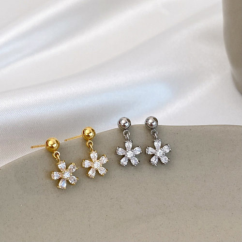 Boucles d'oreilles pendantes en cuivre et Zircon plaqué or, 1 paire de fleurs douces