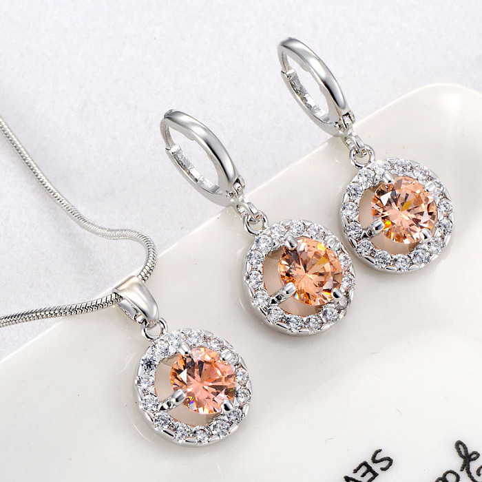 Cute Sweet Round Copper Plating Inlay Zircon White Gold Plated Earrings Necklace
