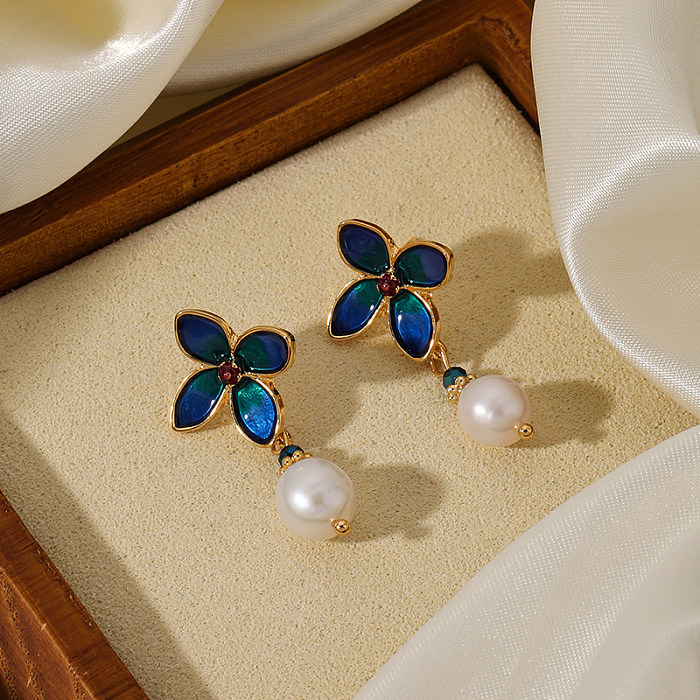 1 Pair Elegant Artistic Commute Flower Enamel Plating Inlay Copper Freshwater Pearl 18K Gold Plated Drop Earrings