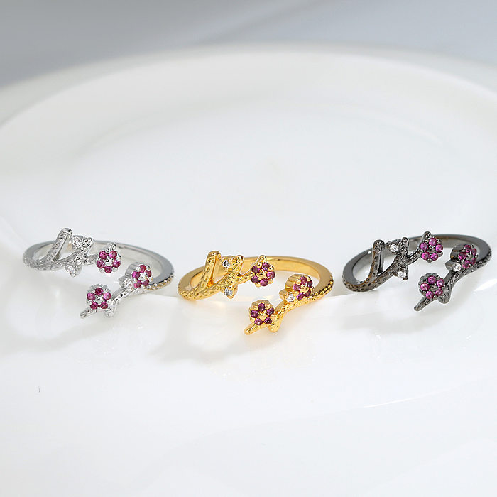 Eleganter offener Ring mit Zirkon und Kupfereinlage in Blumenform