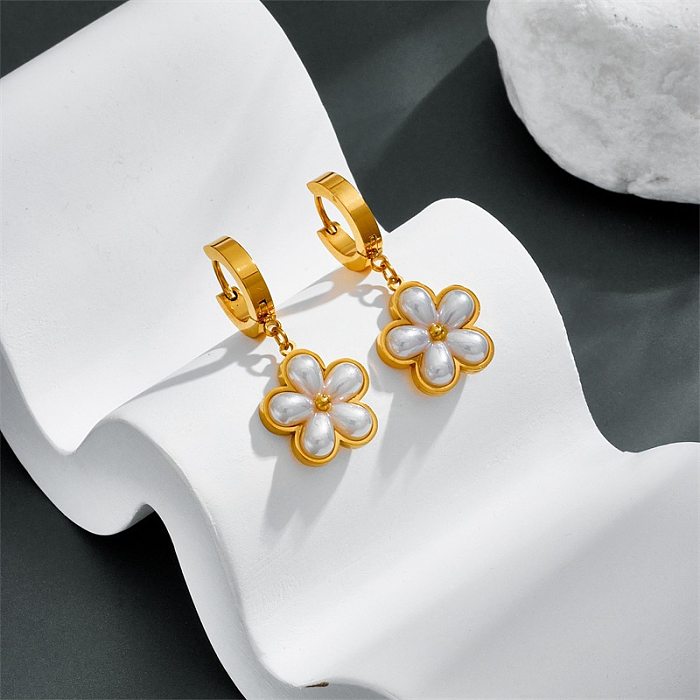 Sweet Flower Titanium Steel Plating Artificial Pearls Gold Plated Earrings Necklace