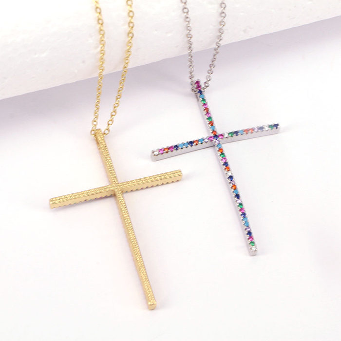 Hip-Hop-Stil Kreuz Kupfer eingelegte Farbe Zirkon Anhänger Halskette
