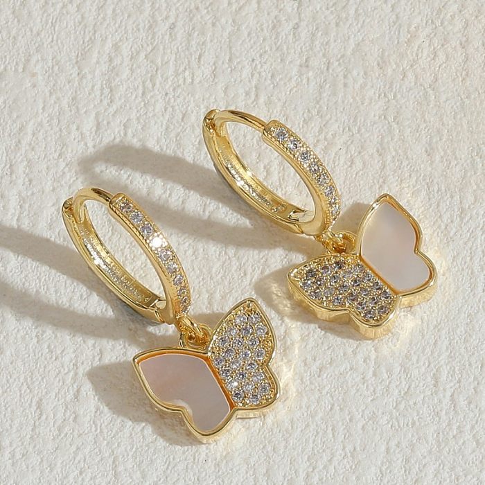 1 Paar klassische Schmetterlings-Ohrringe mit asymmetrischer Beschichtung, Kupfer-Zirkon-Inlay, 14 Karat vergoldet