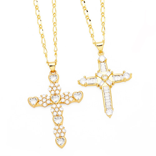 Casual Simple Style Streetwear Cross Copper Plating Inlay Zircon 18K Gold Plated Pendant Necklace