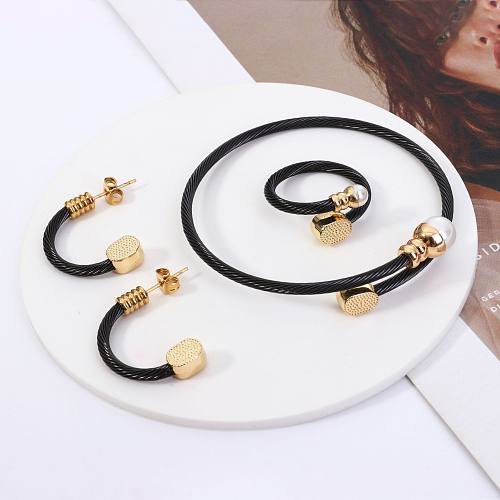 Fashion Circle Stainless Steel Inlay Artificial Gemstones Rings Bracelets Earrings 1 Piece 1 Pair