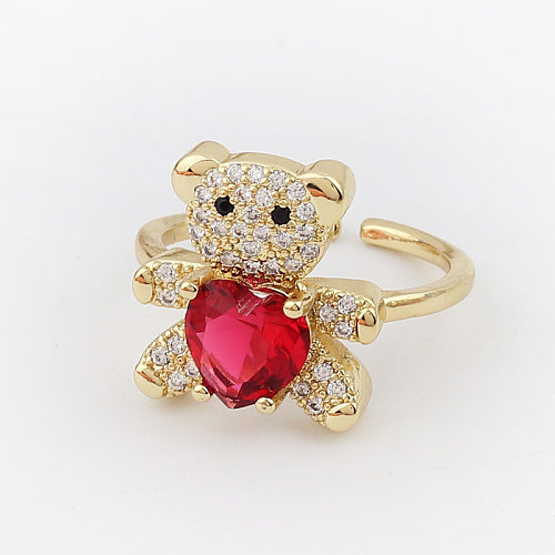 Cute Bear Heart Shape Copper Open Ring Inlay Zircon Copper Rings