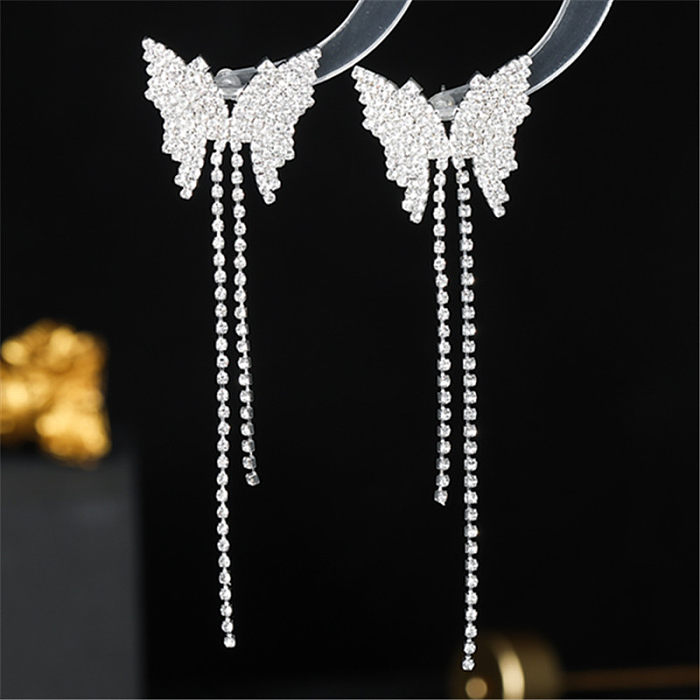1 Pair Shiny Butterfly Plating Inlay Copper Rhinestones Silver Plated Drop Earrings
