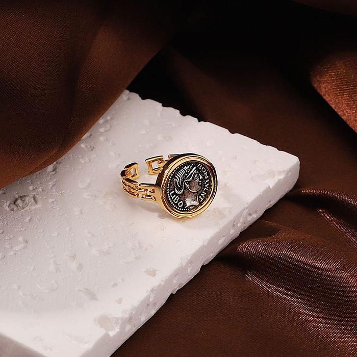 Classical Retro Commute Portrait Copper Plating Carving 18K Gold Plated Open Rings