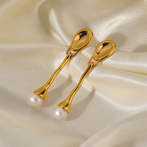 1 paire de boucles d'oreilles pendantes plaquées or 18 carats, Style Simple, incrustation de couleur unie, perle de cuivre