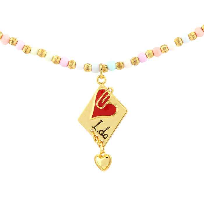 Halskette mit Anhänger im IG-Stil, Buchstaben-Herzform, Glas, Kupferperlen, Emaille-Beschichtung, 18 Karat vergoldet