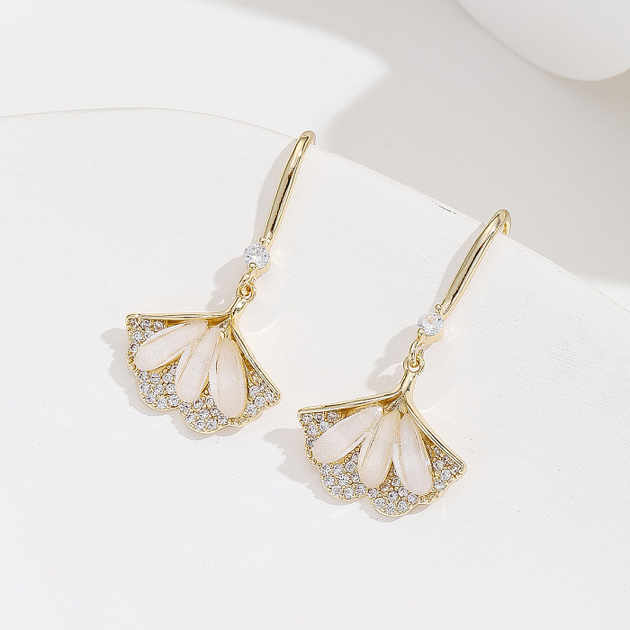 1 Pair IG Style Casual Ginkgo Leaf Plating Inlay Copper Zircon 18K Gold Plated Ear Hook