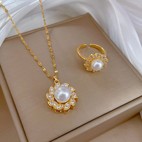 Fashion Flower Stainless Steel Brass Plating Inlay Pearl Zircon Women'S Rings Necklace 1 Piece