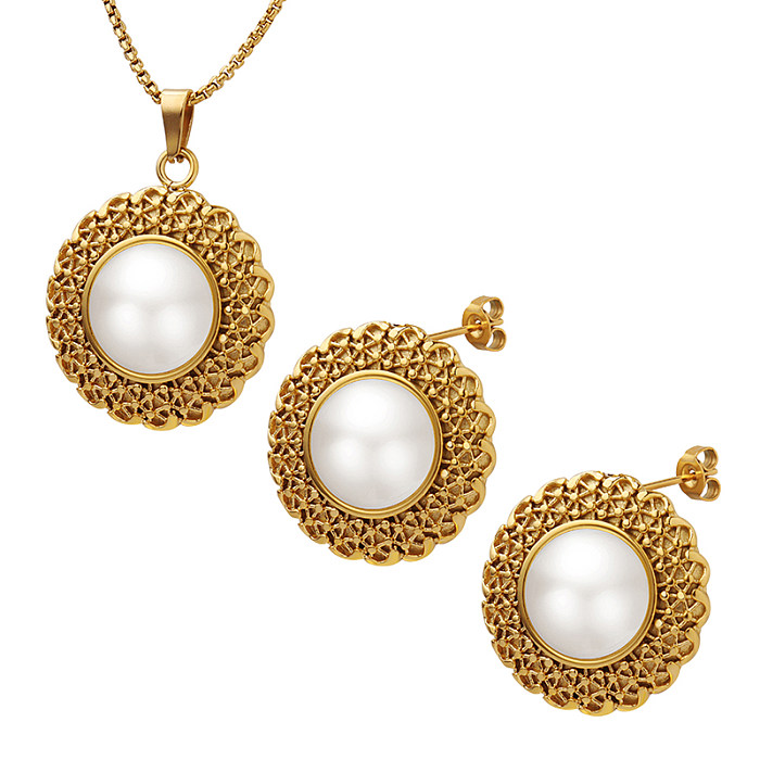 Simple Style Round Titanium Steel Gold Plated Pearl Earrings Necklace