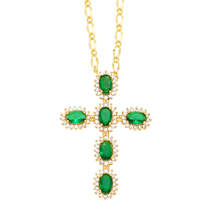 IG Style Cross Copper Plating Inlay Zircon 18K Gold Plated Pendant Necklace