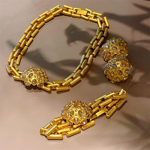 Vintage Style Solid Color Copper Plating Inlay Zircon 18K Gold Plated Jewelry Set