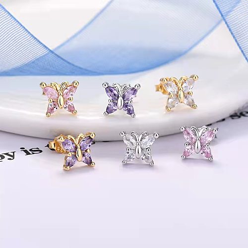 Simple Style Butterfly Copper Ear Studs Plating Inlay Rhinestones Copper Earrings