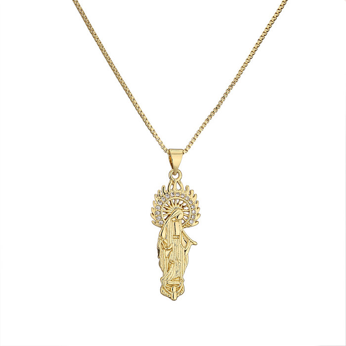 Halskette mit ovalem Kupfer-Inlay-Zirkon-Anhänger im Retro-Stil, Jungfrau Maria, 1 Stück
