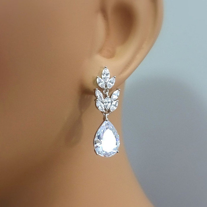 New Bridal Water Drop Pear-shaped Zircon Hanging Copper Earrings Female