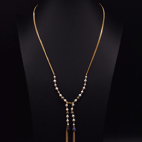 Collar de tres capas chapado en oro de 18 quilates con revestimiento de cobre y perlas de agua dulce de Color sólido geométrico de estilo vintage