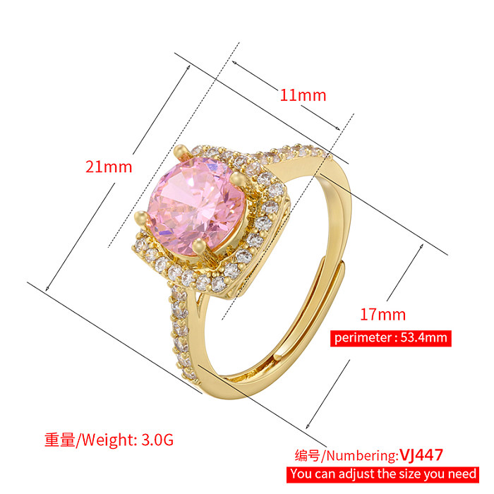 O ouro quadrado brilhante luxuoso elegante do cobre 18K chapeou o anel aberto do zircão no volume