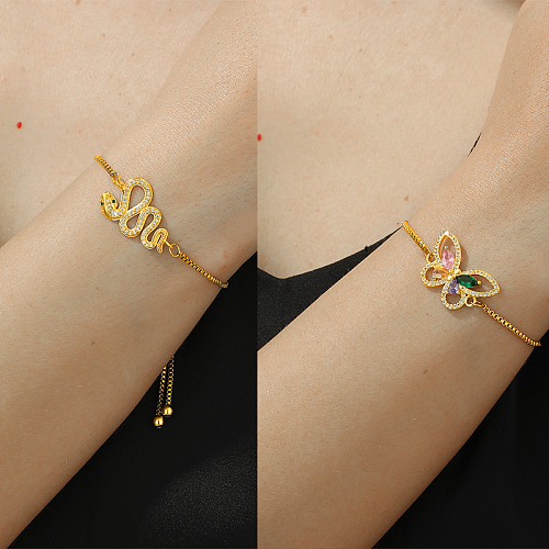 Elegante estilo simples cobra borboleta chapeamento de cobre oco incrustação zircão pulseiras banhadas a ouro 18K