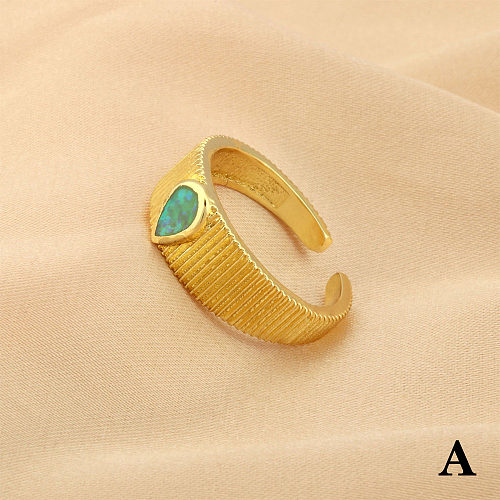 Simple Style Commute Oval Water Droplets Copper Plating Inlay Artificial Gemstones 18K Gold Plated Open Rings