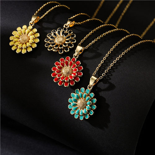 Großhandel Mode 10 Farbe Öl Sonnenblume Anhänger Kupfer Halskette Schmuck