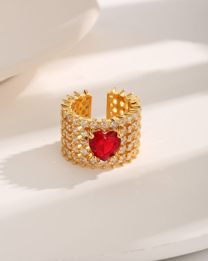 French Style Heart Shape Copper Plating Inlay Zircon 18K Gold Plated Open Rings