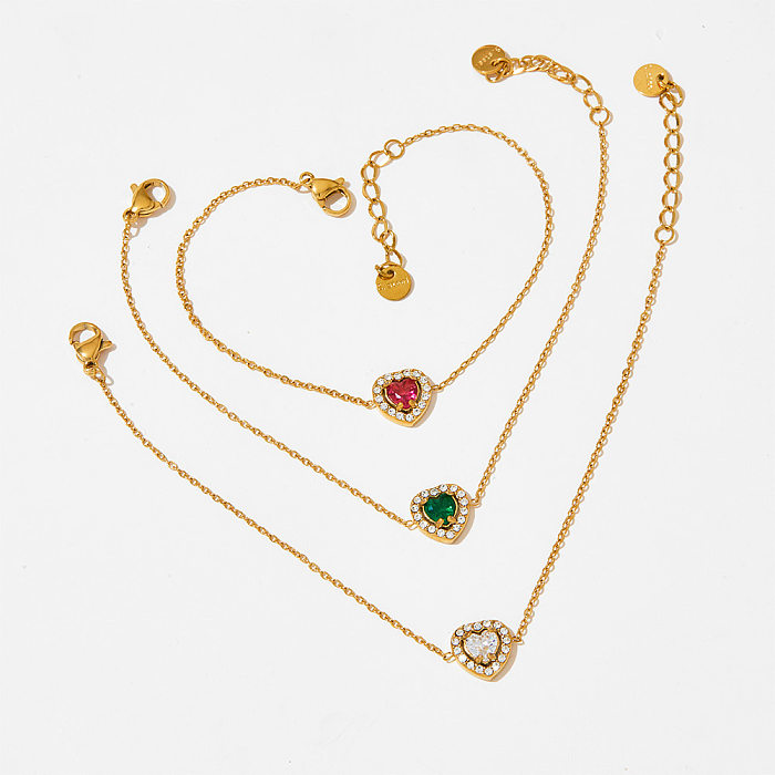 Estilo clássico formato de coração aço inoxidável titânio chapeamento incrustado zircão anéis pulseiras colar
