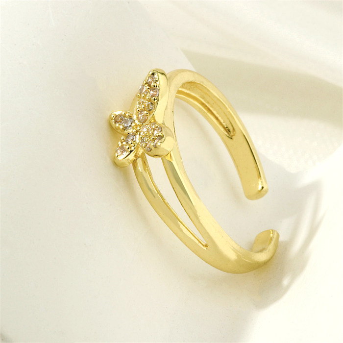 Luxurious Simple Style Round Butterfly Copper Plating Inlay Zircon 18K Gold Plated Open Rings